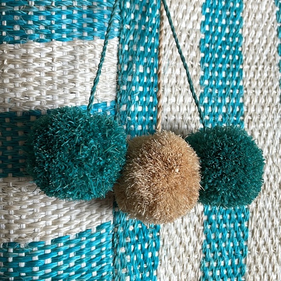 New mar y sol Aqua Tan Striped Woven Sea Grass Leather Handled Tote Beautiful - Picture 3 of 11